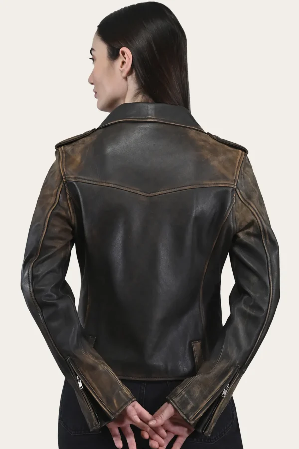 Frye Authentic Soft Lamb Crackle Leather Biker Jacket Brown New