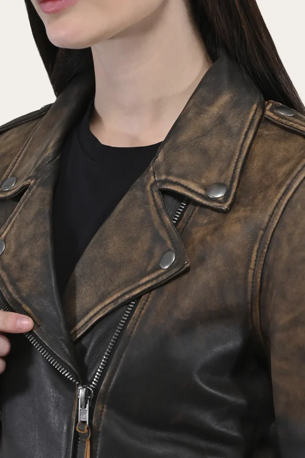Frye Authentic Soft Lamb Crackle Leather Biker Jacket Brown New