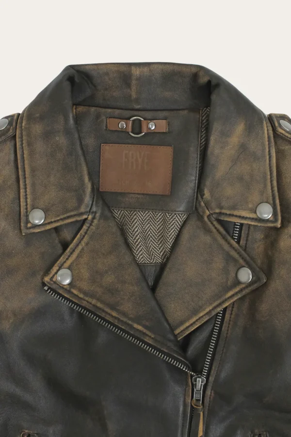 Frye Authentic Soft Lamb Crackle Leather Biker Jacket Brown New
