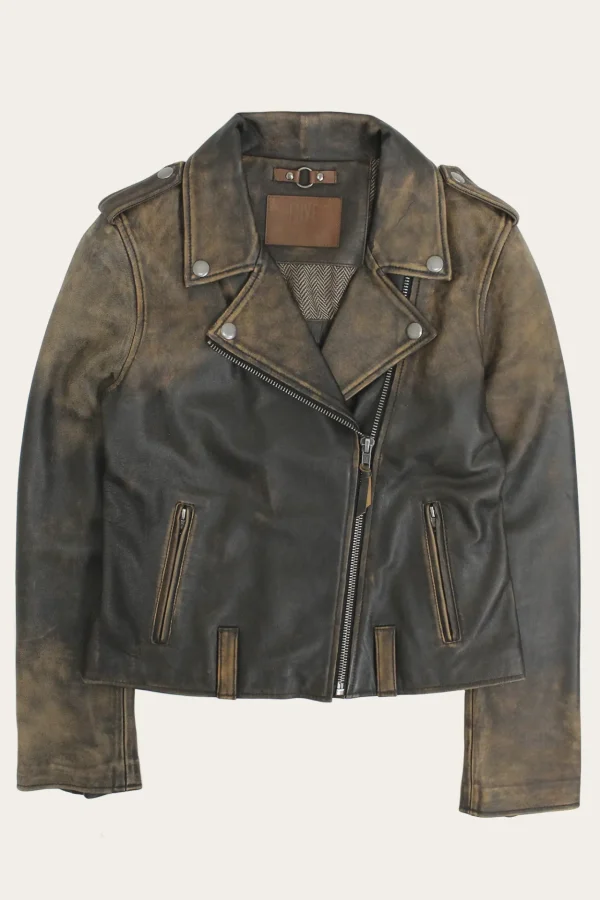 Frye Authentic Soft Lamb Crackle Leather Biker Jacket Brown New