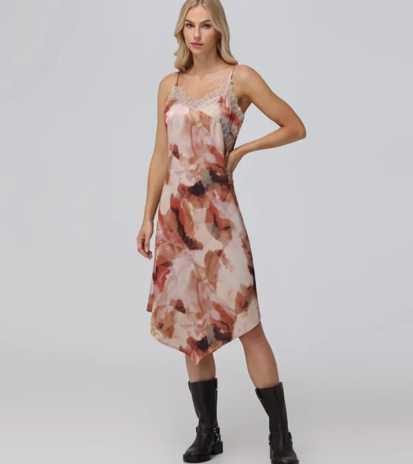Frye Charmeuse Lace Trim Slip Midi Dress Hot