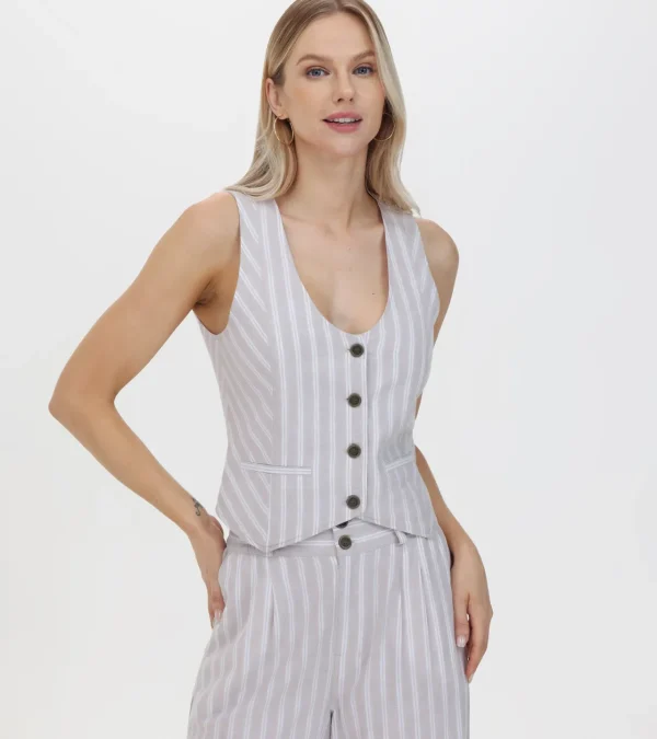 Frye Linen Striped Button Vest Natural Sand Stripe Cheap