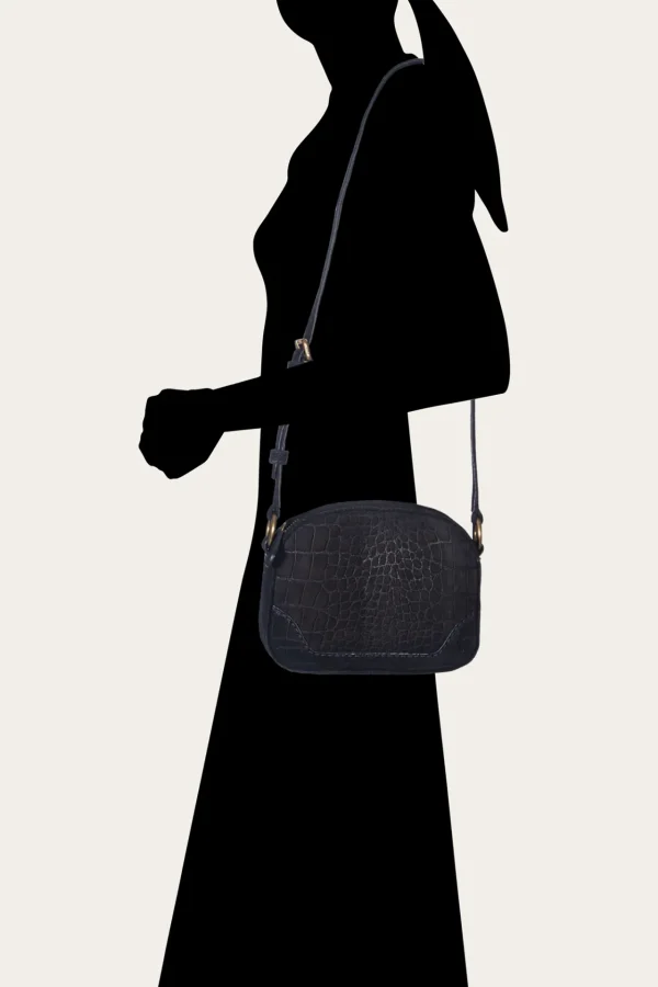Frye Melissa Sueded Croco Camera Black Flash Sale