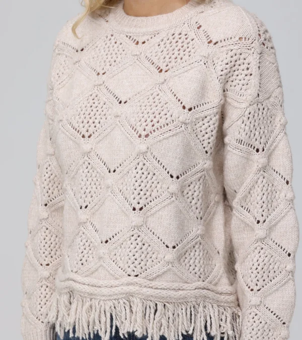 Frye Pointelle Fringe Pullover Oatmeal Heather Best