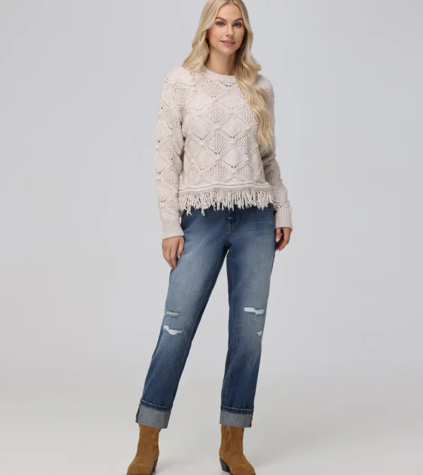 Frye Pointelle Fringe Pullover Oatmeal Heather Best