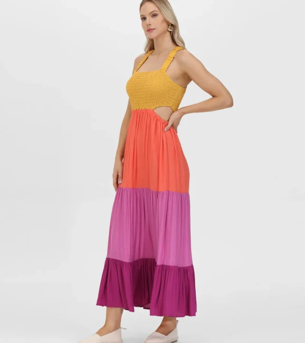 Frye Smocked Color Block Maxi Dress Oaxaca Combo Cheap