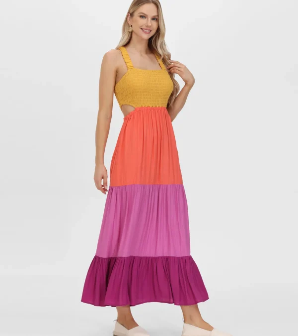 Frye Smocked Color Block Maxi Dress Oaxaca Combo Cheap