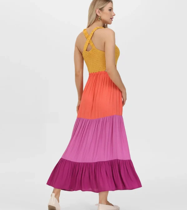 Frye Smocked Color Block Maxi Dress Oaxaca Combo Cheap
