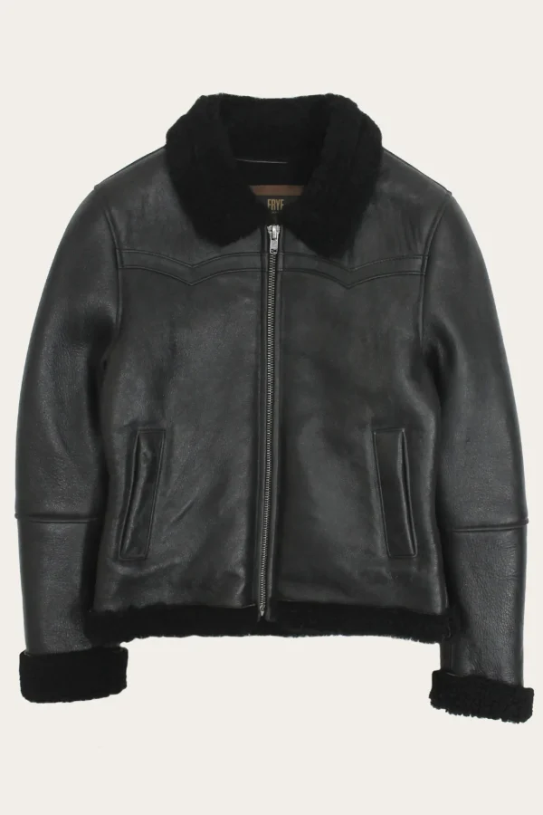 Frye Women's Leather Jacket With Sherling Collar And Cuffs Black Shop