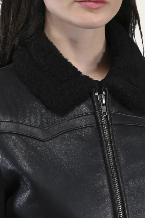 Frye Women's Leather Jacket With Sherling Collar And Cuffs Black Shop