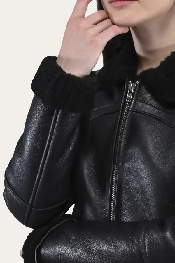 Frye Women's Leather Jacket With Sherling Collar And Cuffs Black Shop