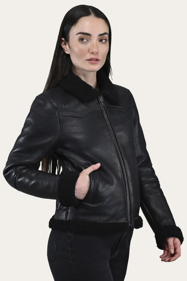 Frye Women's Leather Jacket With Sherling Collar And Cuffs Black Shop