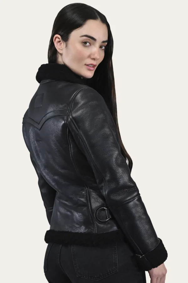 Frye Women's Leather Jacket With Sherling Collar And Cuffs Black Shop